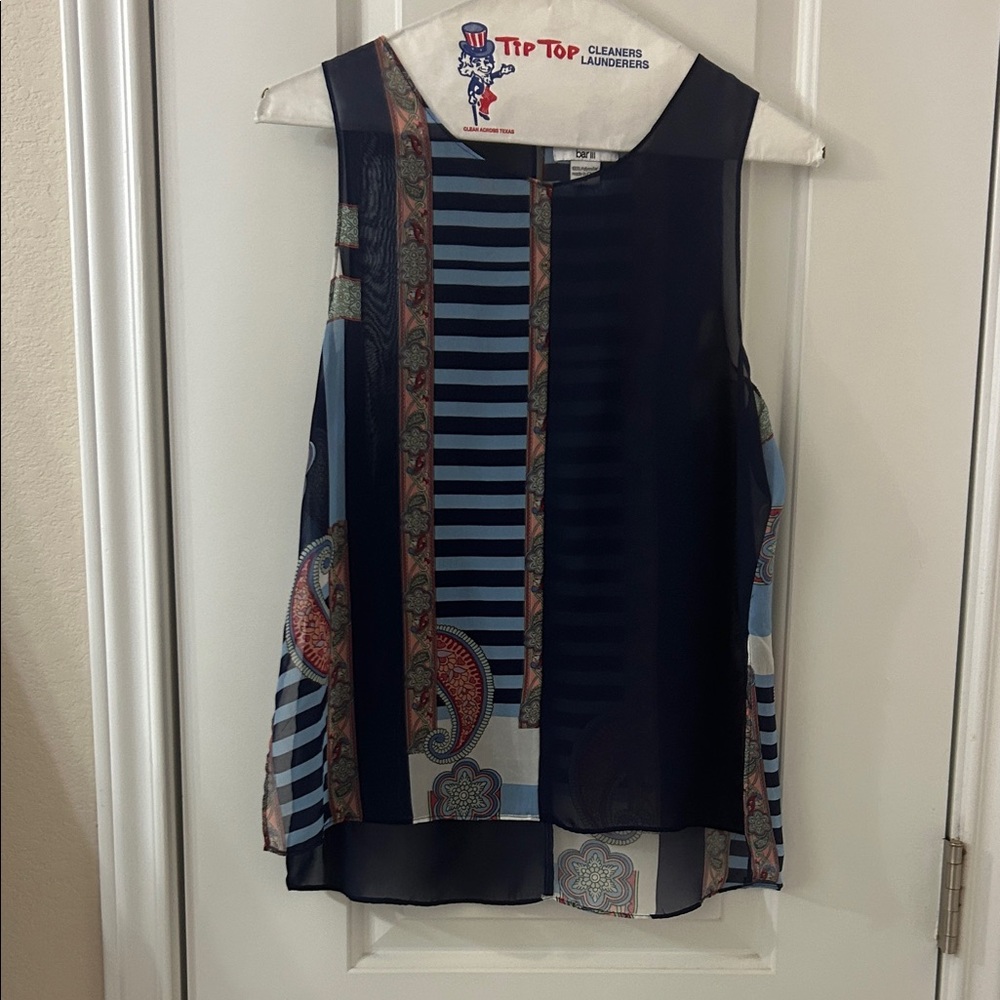 Bar III Navy and Light Blue Paisley Stripe Sleeveless Top